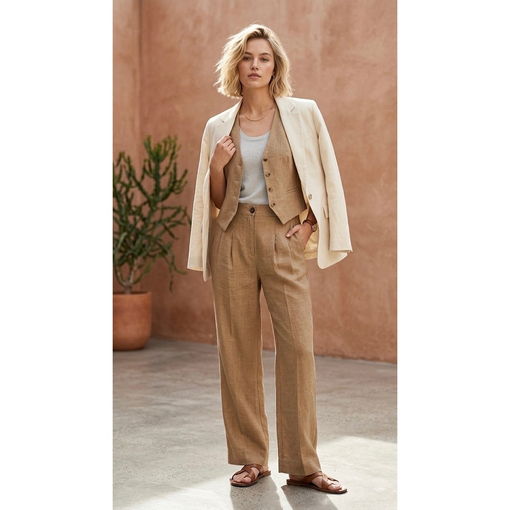 Banana Republic High Rise Pleated Linen Pants Iced Latte Brown 4 Petite